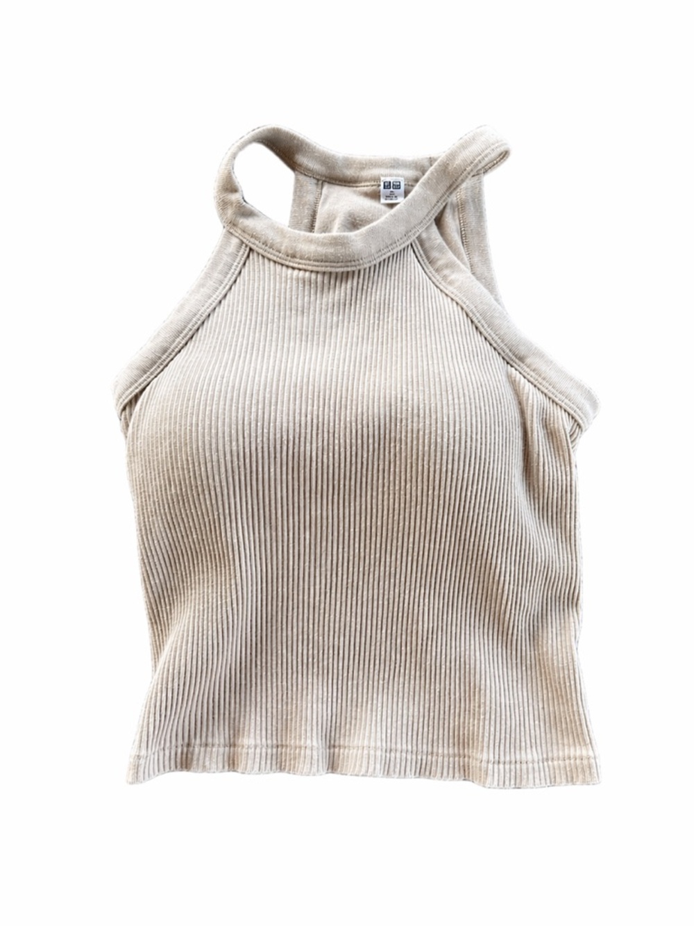 Uniqlo Ribbed Halter Tank Top Built In Bra Neutral Beige XS Minimalist Clean